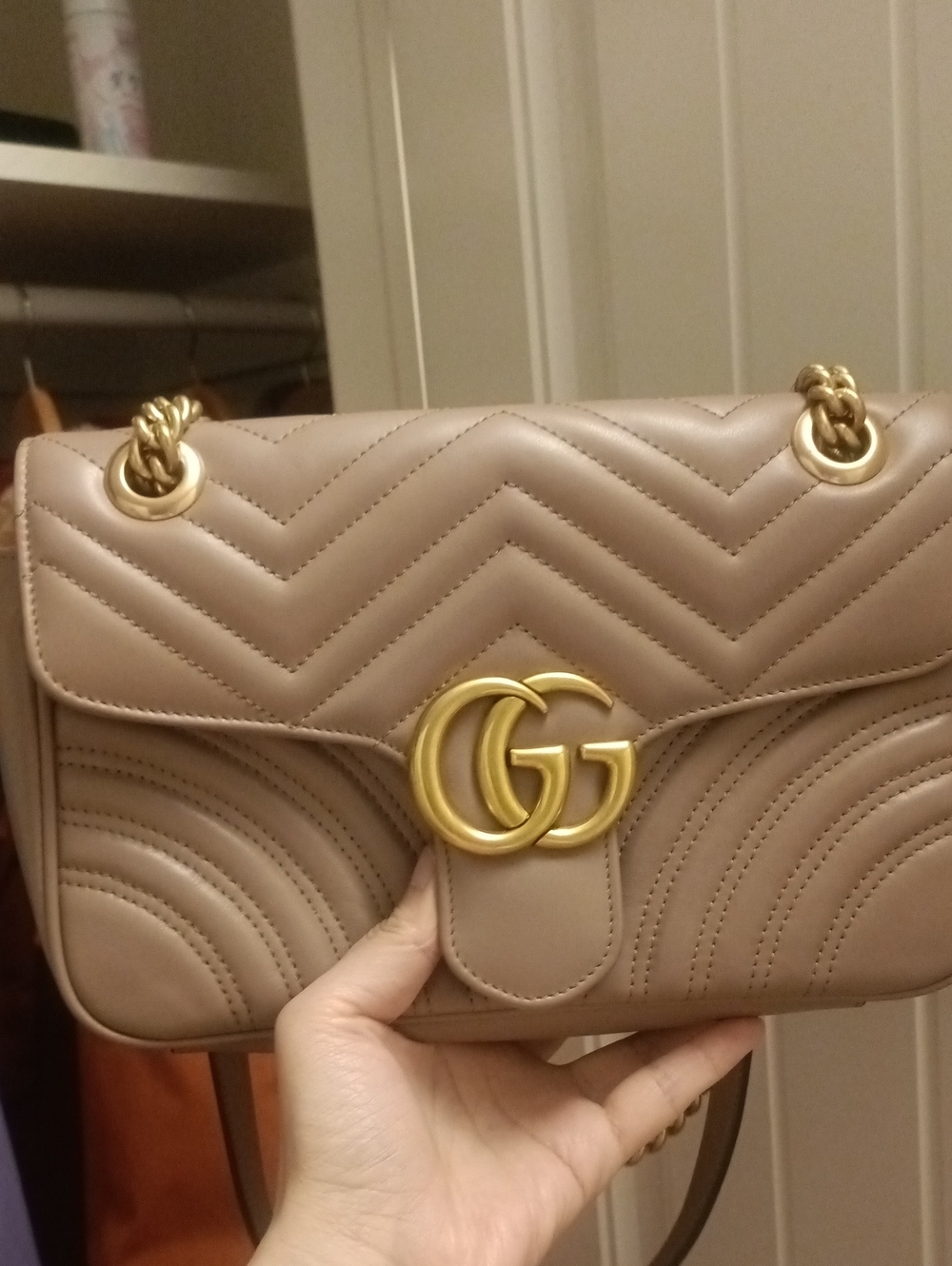Gucci Marmont Matelassé Shoulder Bag in Taupe